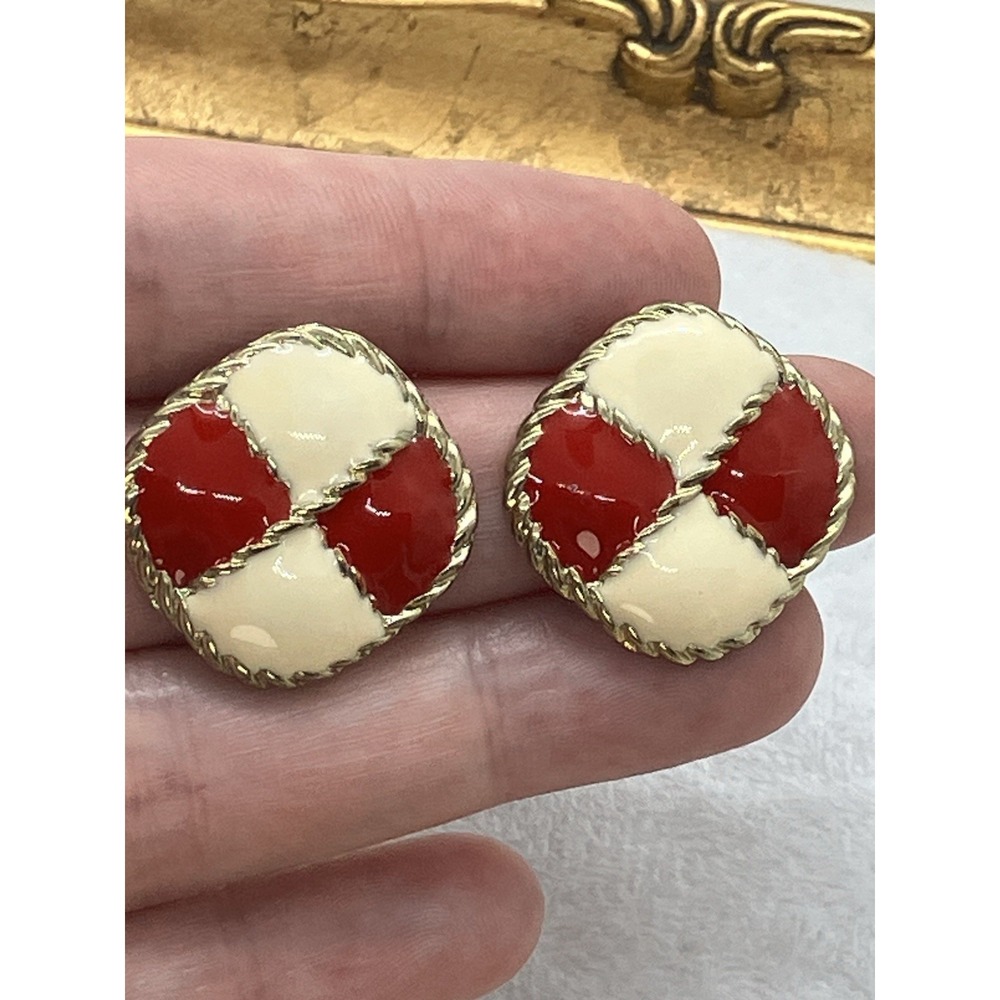 Vtg 80's Earrings Gold Tone Rope Red Cream Enamel Pierced Elegant Classic Estate
